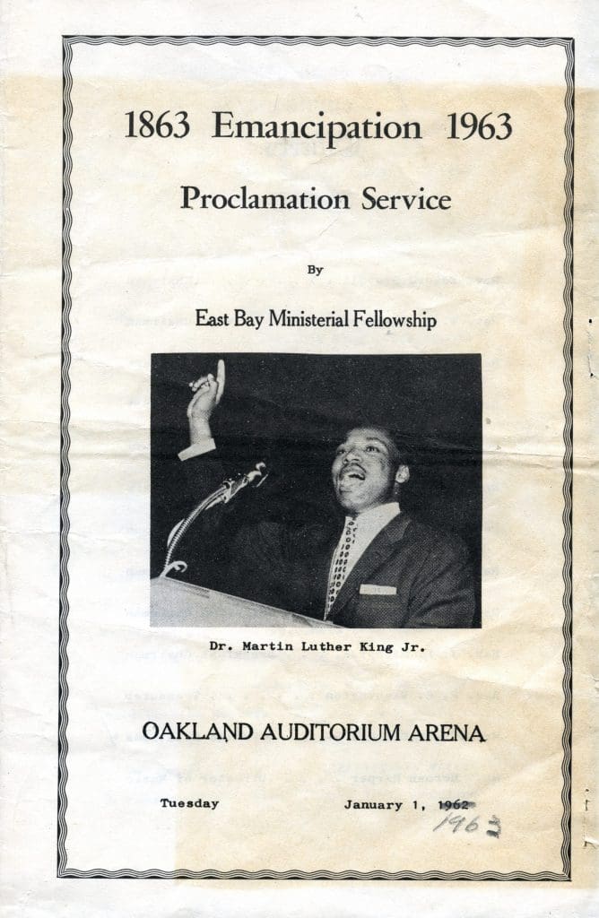 Program for a service at the Oakland Auditorium Arena featuring a photograph of Dr. Martin Luther King, Jr.