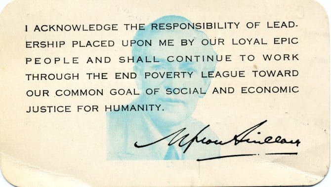 Reverse side of an End Poverty League, Inc. membership card, 1936.