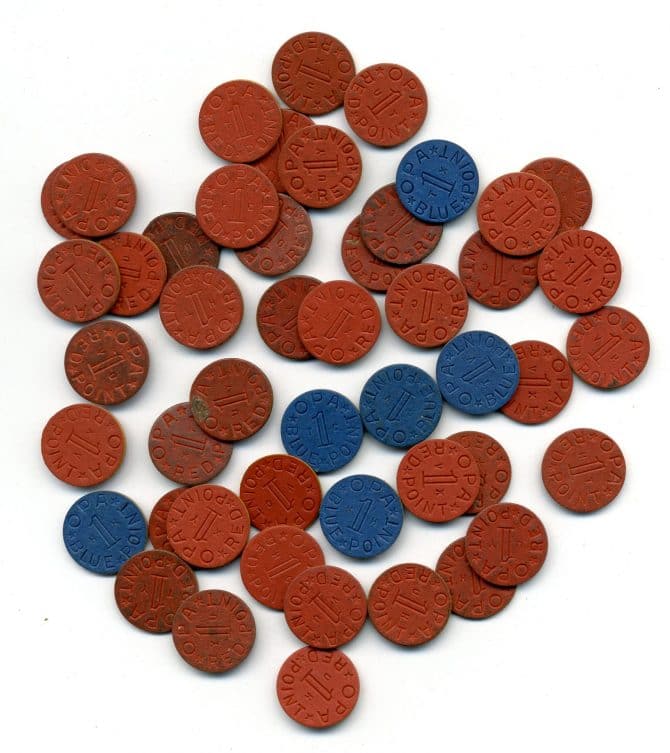 Office of Price Administration tokens, used as change for food purchases bought with ration stamps between 1941-1945.