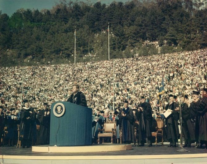 President John F. Kennedy at the conclusion of the Charter Day address in Memorial Stadium, March 23, 1962.