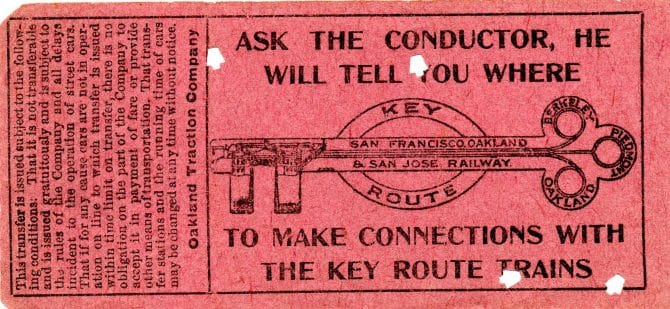 Oakland Traction Company transfer ticket, with Key System advertisement, circa 1905.