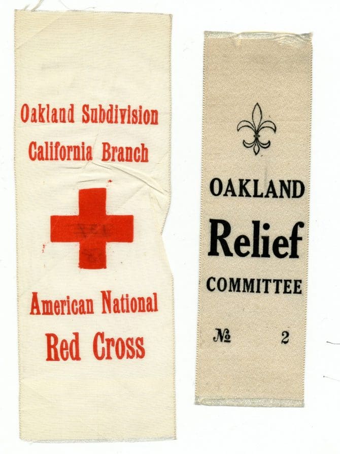 Oakland Red Cross and Relief Committee ribbons, circa 1906.