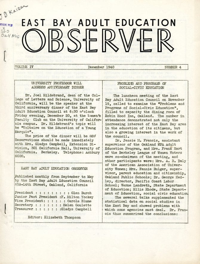 East Bay Adult Education Observer newsletter from December, 1940.