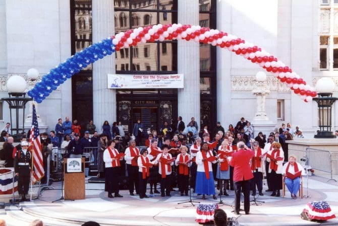 City and Port of Oakland Employee Chorus performing at the Olympic torch relay, January 18, 2002.