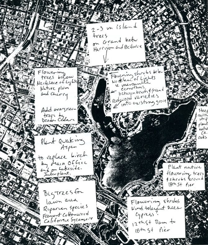 Map with notes about proposed plantings, from the April 29, 1994 meeting of the Lake Merritt Master Plan Committee.