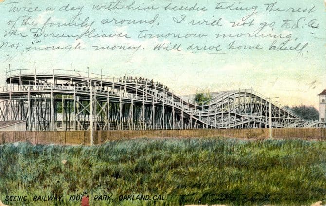 Idora Park Scenic Railway postcard, postmarked May 7, 1909.