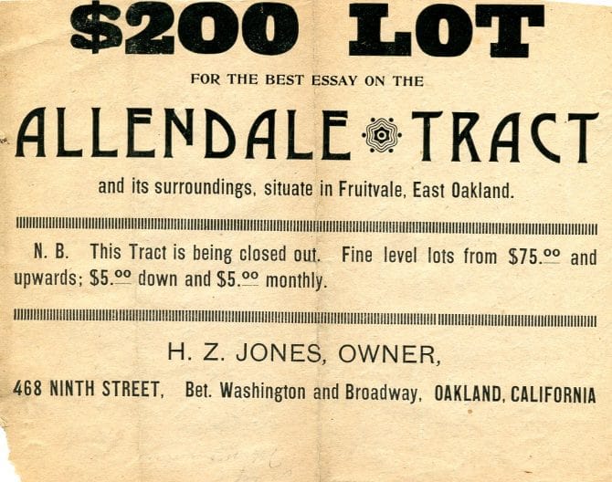 Henry Z. Jones advertisement for real estate in the Allendale Tract, circa 1900.