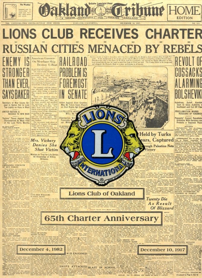 Program from the Lions Club of Oakland's 65th Charter Anniversary, December 4, 1982.