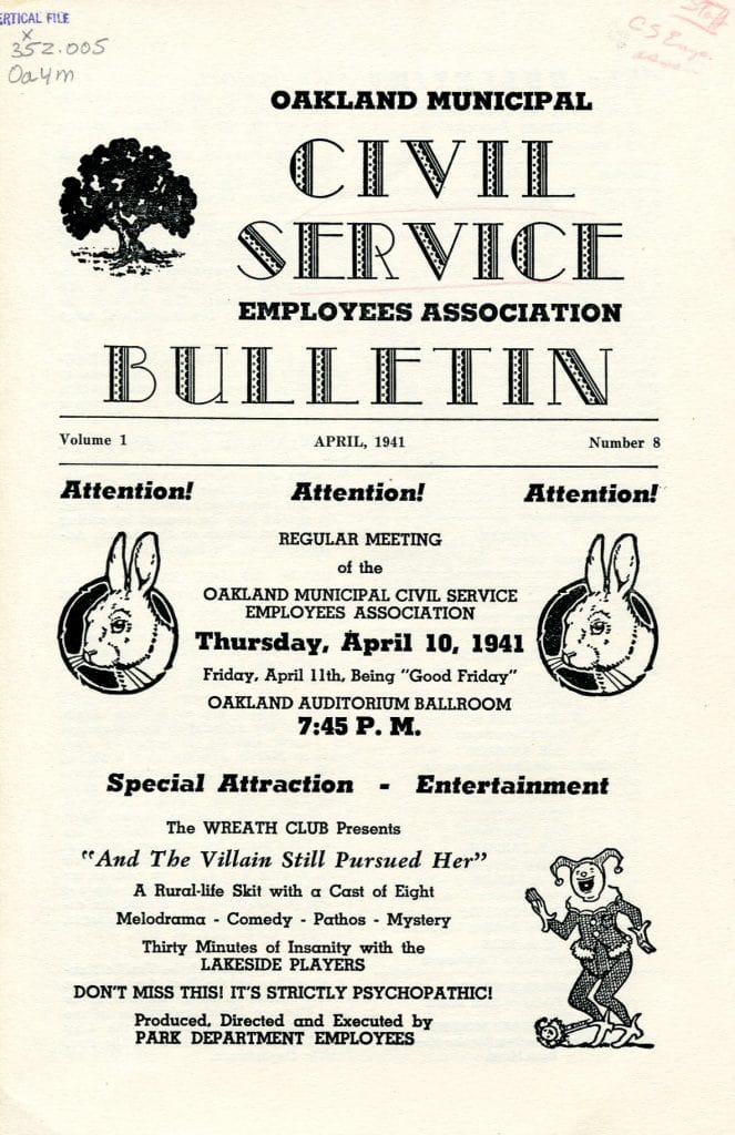 The cover of the April 1941 edition of the Oakland Municipal Service Employees Association Bulletin.