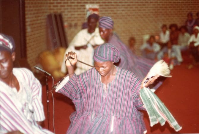 Ghanian dance performance at Laney College, possibly part of the musical group Adadam Agofomma, circa 1976.