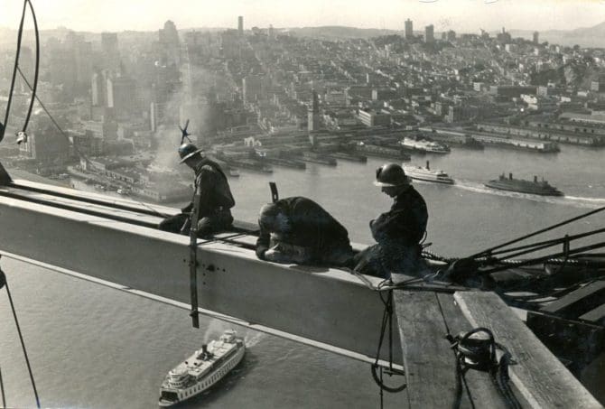 Ironworkers on the Bay Bridge. Joseph Lewis Walton is marked with an X.