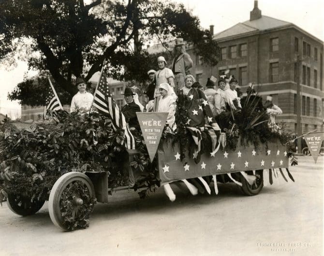 An Ebell Society float in a patriotic parade promoting the purchase of Liberty Loan Bonds. April 6, 1918.