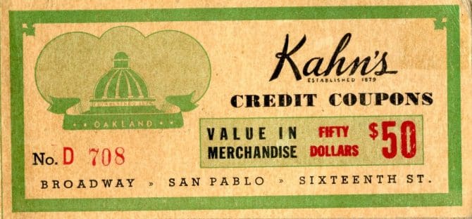 Booklet of Kahn's Credit Coupons, circa 1940.