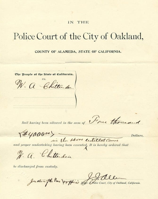 Paperwork allowing the discharge of W.A. Chittenden, circa 1893-95.