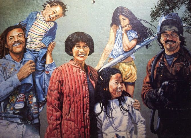 A portion of the mural "Oakland's Portrait" by Daniel Galvez, from the 1984 Mural Art calendar.