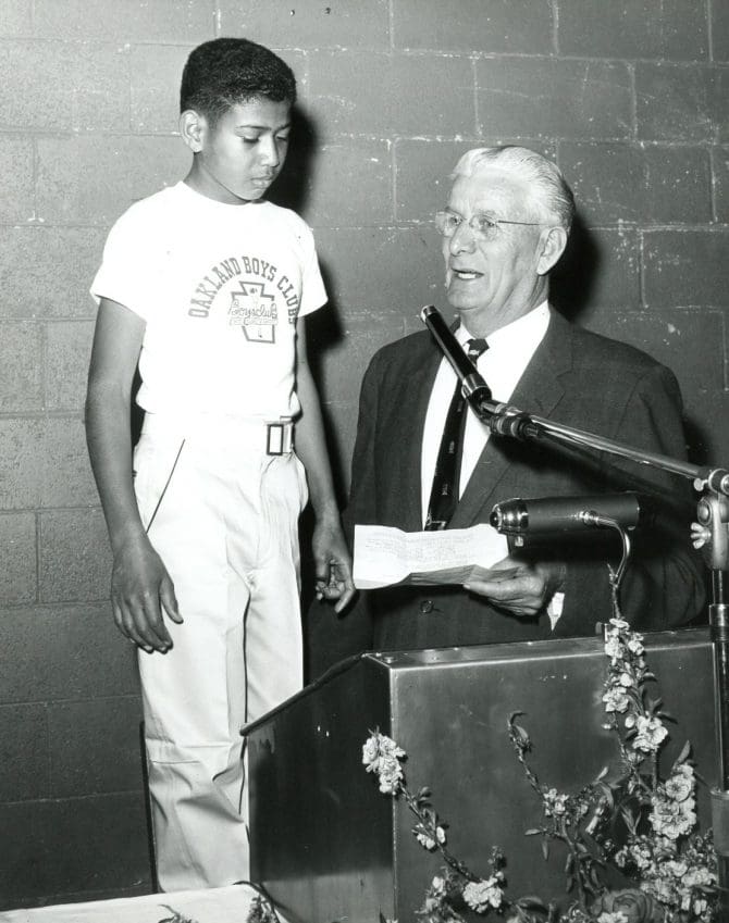 Mayor Clifford Rishell with a member of the Oakland Boys' Clubs, February 9, 1959.