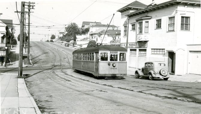 Key System Car #368, built in 1902, running on the 14 line, E. 18th & 21st Street, 1945.