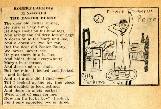 Newspaper clippings of a poem and drawing by Robert W. (Billy) Parkins, printed in the Aunt Elsie Magazine of the Oakland Tribune, circa 1940.