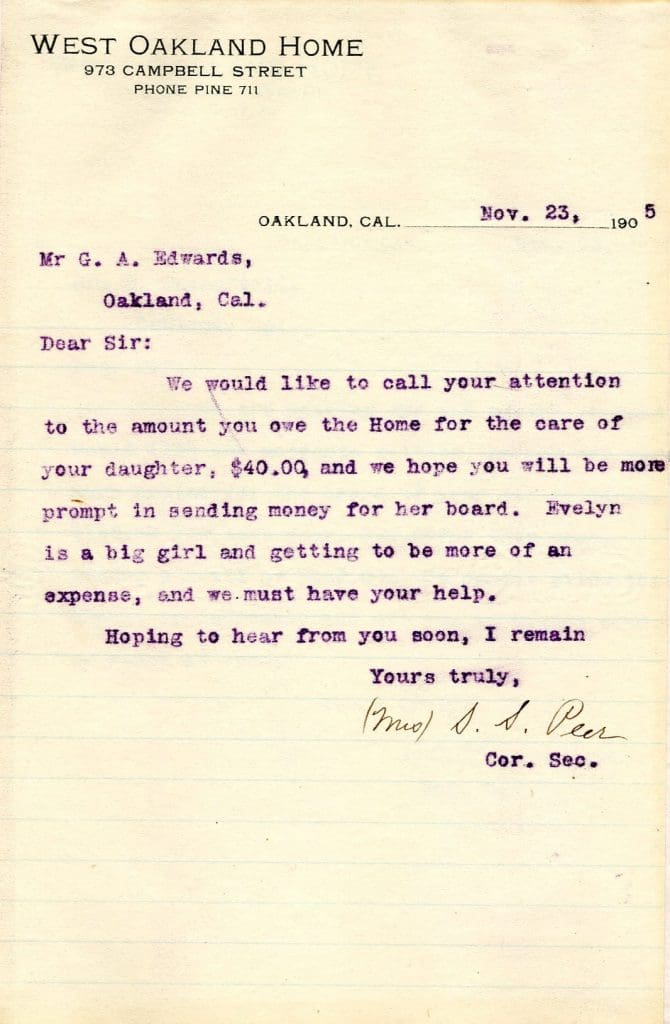 Letter from the West Oakland Home requesting payment for a child in their care, dated November 23, 1905.