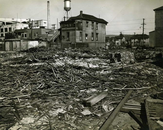 Demolition at the future site of Peralta Villa, January 1940.