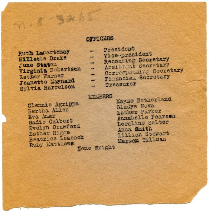 A typed list of officers and members of the Clifornia Native Daughters Club
