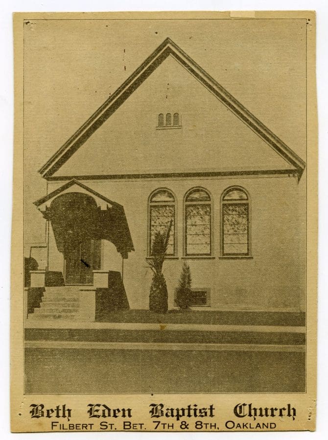 Exterior of Beth Eden Baptist Church, near 721 Filbert St. Oakland, California