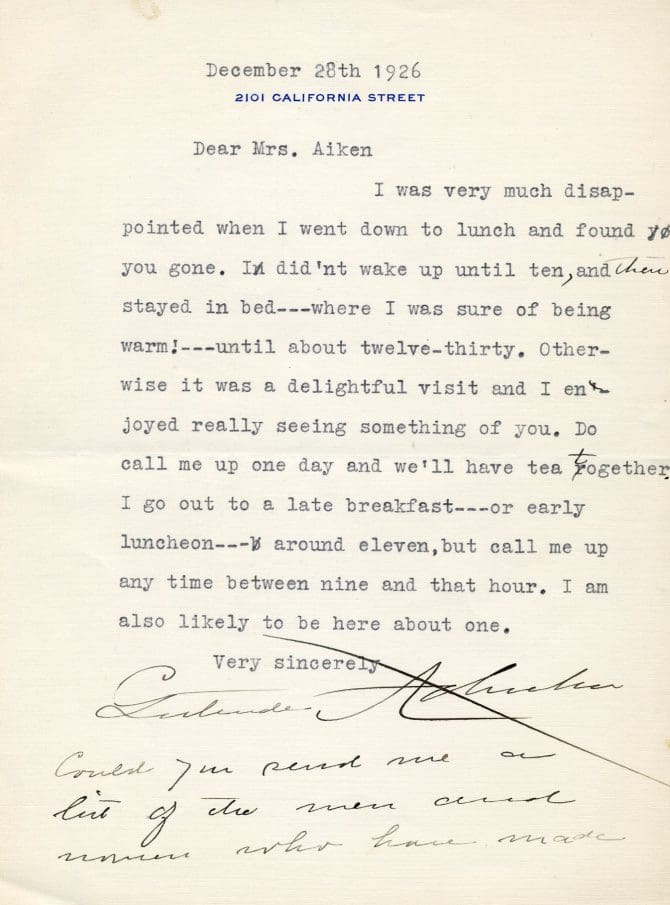 Letter from Gertrude Atherton to Ednah Aiken, dated December 28, 1926.