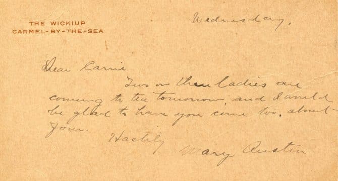 Note from Mary Austin to Carrie Sterling, postmarked September 24, 1913.