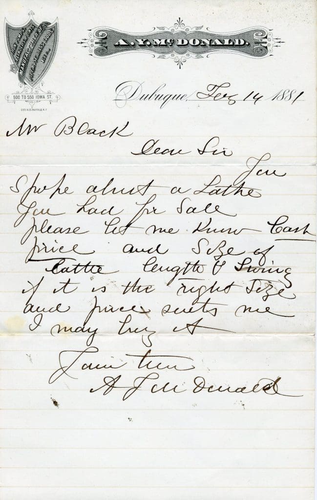 Letter from A.Y. Mcdonald to Captain George Black, dated February 14, 1881.