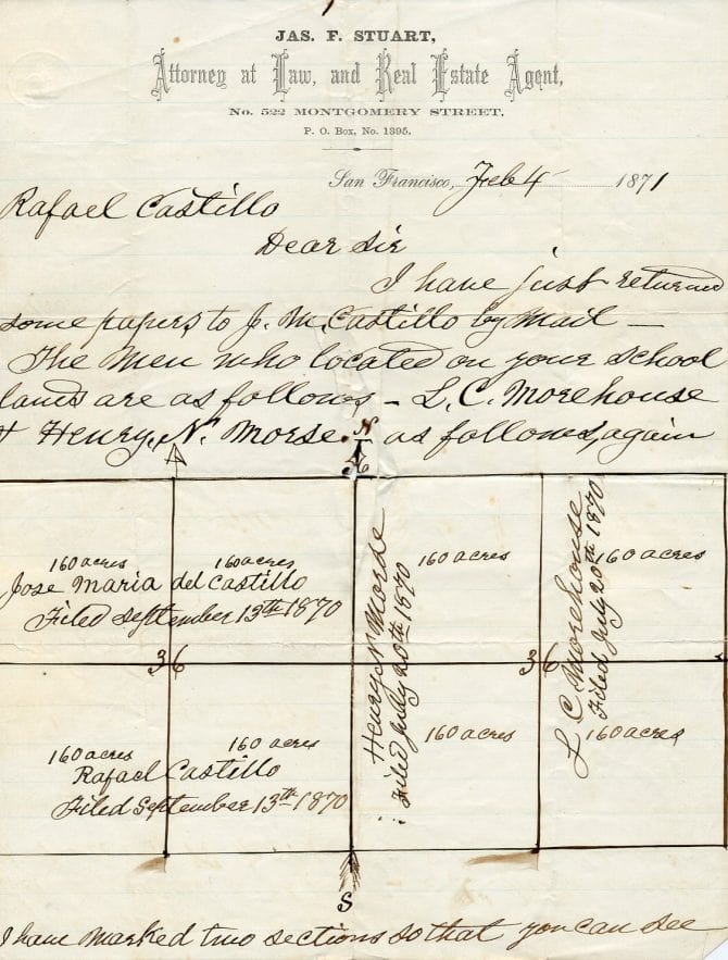 Letter from Jas. F. Stuart to Rafael Castillo showing land owned by the Castillo family, dated February 4, 1871.