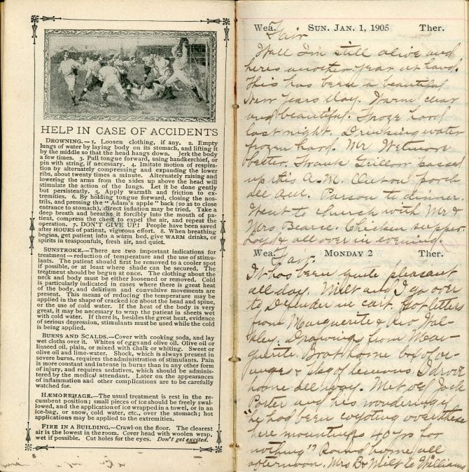 Pages from the diary of Leonard M. Clark, dated January 1, 1905.