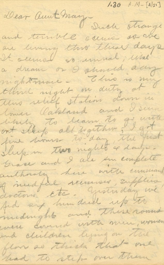 Unfinished letter to Aunt Mary, started during relief work in Oakland on April 21, 1906.