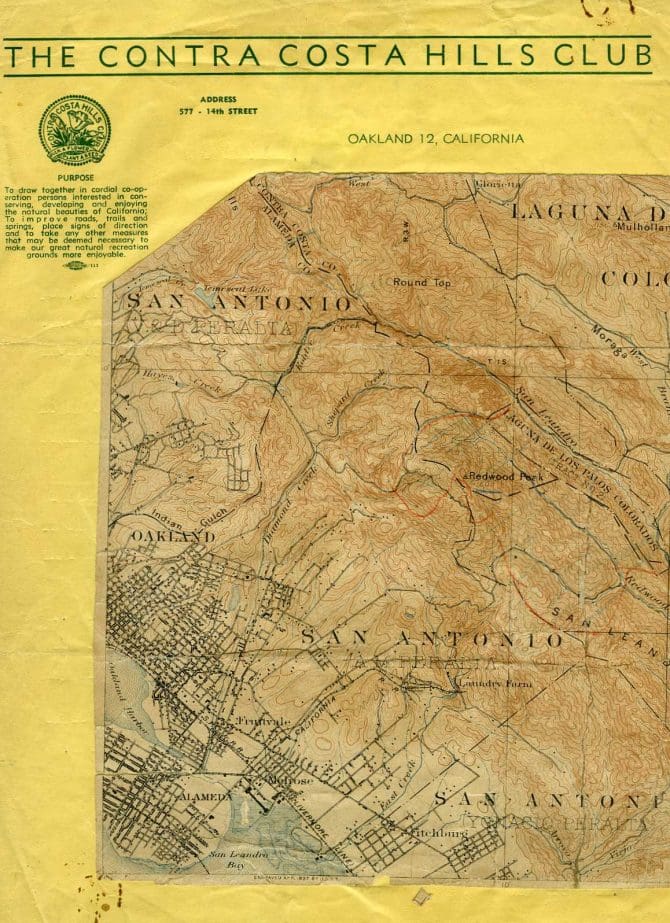 Map of East Bay hills pasted to Contra Costa Hills Club letterhead, circa 1955.