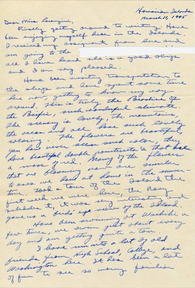 Letter from Lt. Peter Kujachich to Miss E. Lorenzini, dated March 11, 1945.