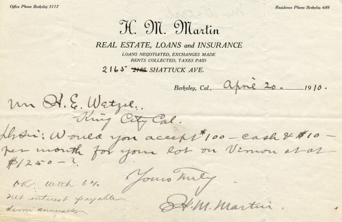 Note from H.M. Martin to H.E. Wetzel dated April 20, 1910.