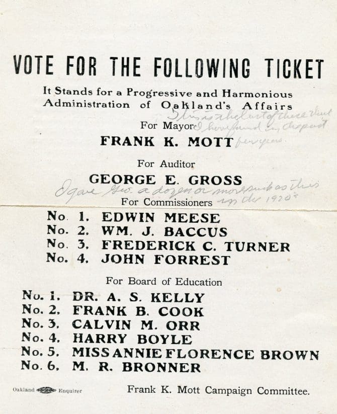 Election endorsements from the Frank K. Mott Campaign Committee.