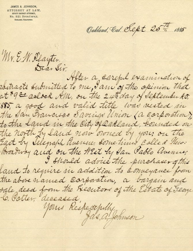 Letter from attorney James A. Johnson to E.W. Playter dated September 25, 1885.