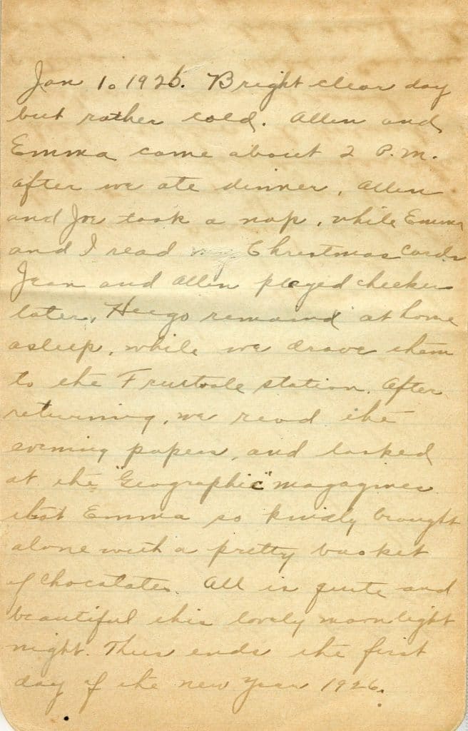 Linda Shinn's diary entry from January 1, 1926.