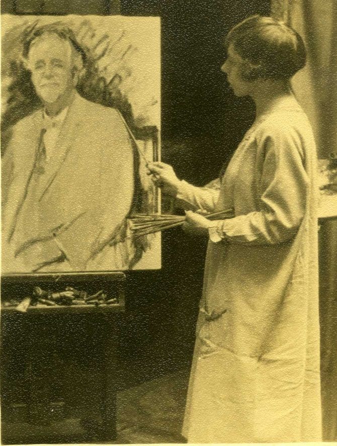 Bessie Sloan painting a portrait of Mr. Eddy.