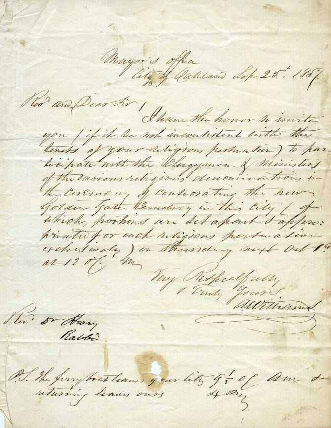 Letter from Mayor Andrew Williams, September 25, 1857.