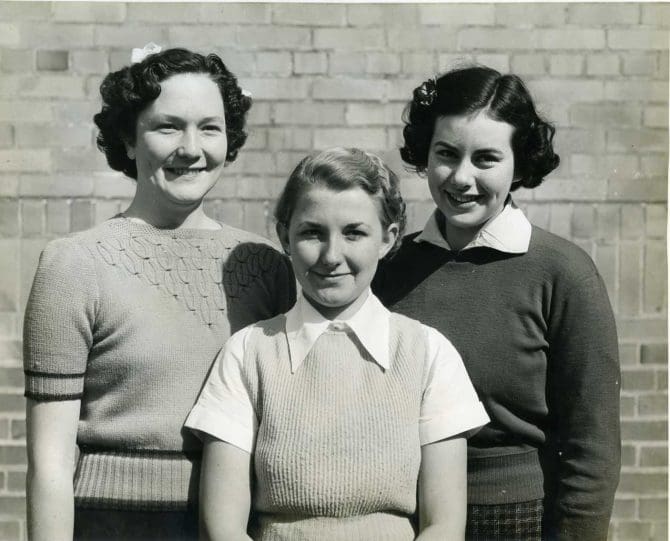 Photograph of Muriel Hammell, Geraldine Rowen, and Beth Payne from Glenn Woods' scrapbook.