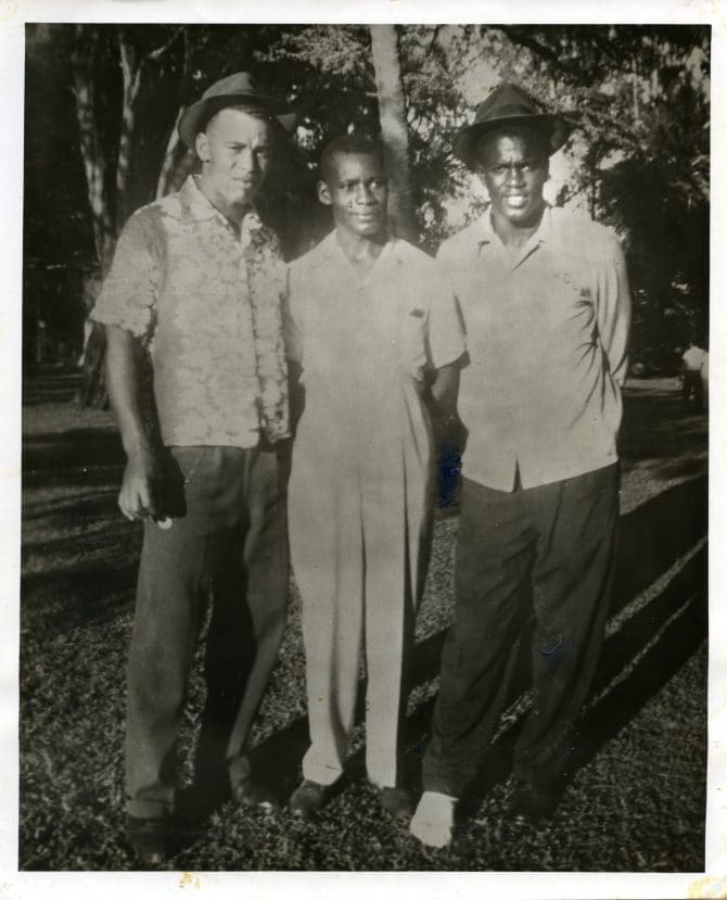 Historic image of Ray Bartlett, Marion Wildy, and Jackie Robinson in Honolulu, Hawaii
