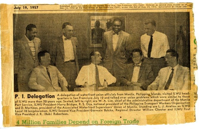 Newspaper clipping showing Philippine Islands waterfront union delegation visiting ILWU headquarters in San Francisco
