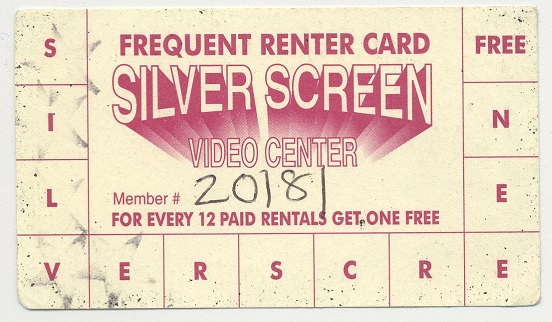 Frequent renter card from Silver Screen Video Center
