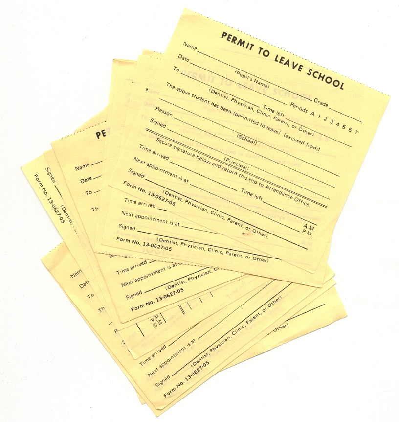 Image of several yellow Permit to Leave School forms