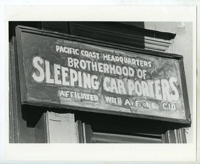 Historic image of the Building sign of the Pacific Coast Headquarters of the Brotherhood of Sleeping Car Porters