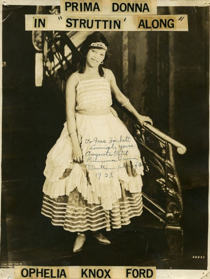 Ophelia Knox Ford, prima donna in Struttin' Along Company, publicity still, inscribed: "To Mrs. Hackett lovingly yours Augusta petite Prima Donna Struttin Along Co. 1923