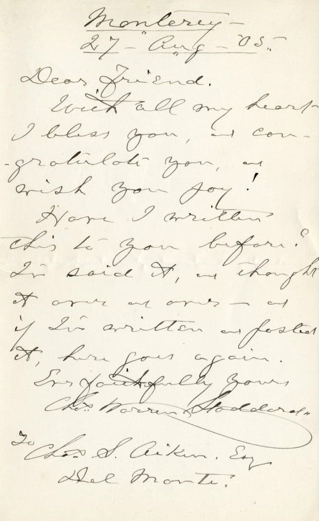 Letter from Charles Warren Stoddard to Charles Sedgwick Aiken dated August 27, 1905.