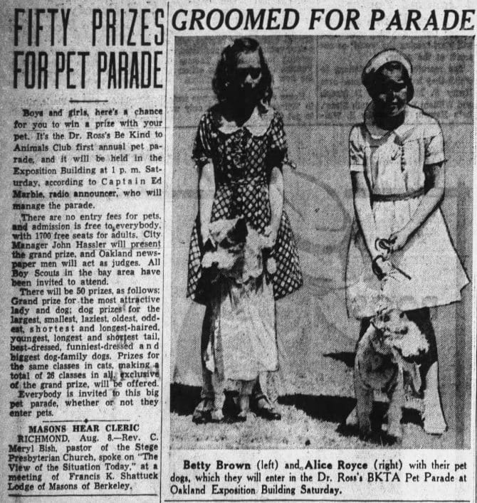 Article describing an upcoming a pet parade from the Oakland Tribune, August 8, 1935.
