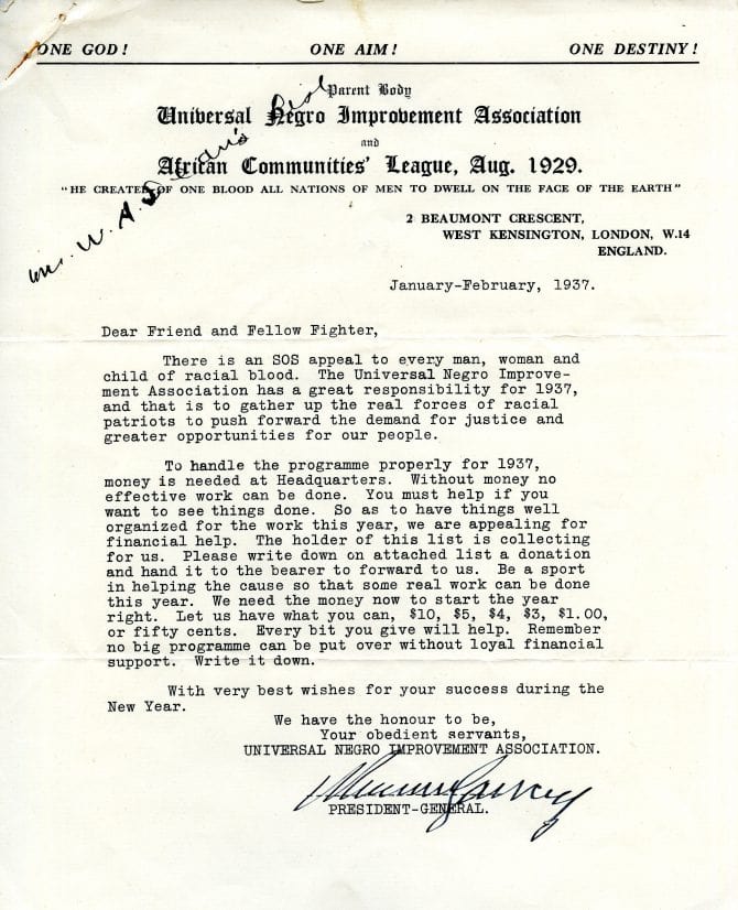 Letter from Marcus Garvey to W.A. Deane regarding fundraising 1937